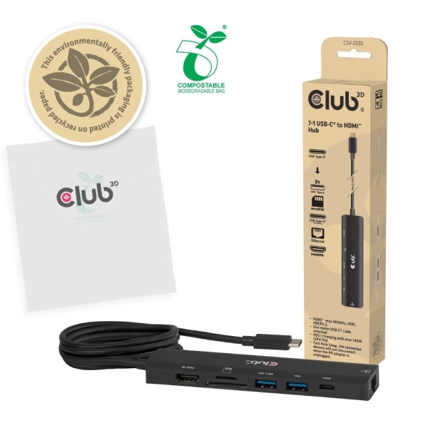Club3D hub USB-C, 7-in-1 hub s 2x USB, 1xHDMI, 1xUSB-C PD, RJ45, microSD/SD, 140W, 4K60Hz, 1m kabel