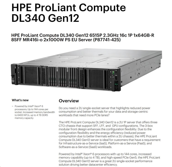 HPE PL DL340g12 6515P (2.4/16C) 1x64G (P69728) NS204(2x480) MR416i-o 8SFF 2x1000W 10GbE P26253 NBD333 Smart Choice