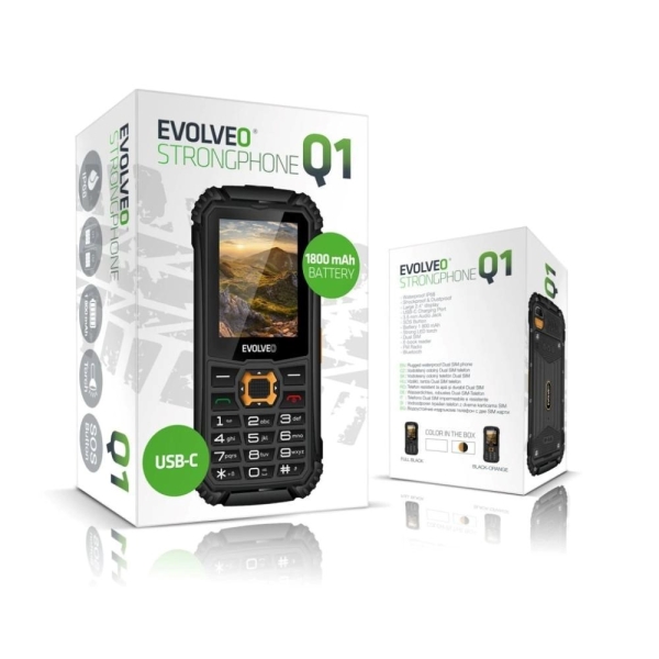 EVOLVEO StrongPhone Q1, vodotěsný odolný Dual SIM telefon, černo-oranžový