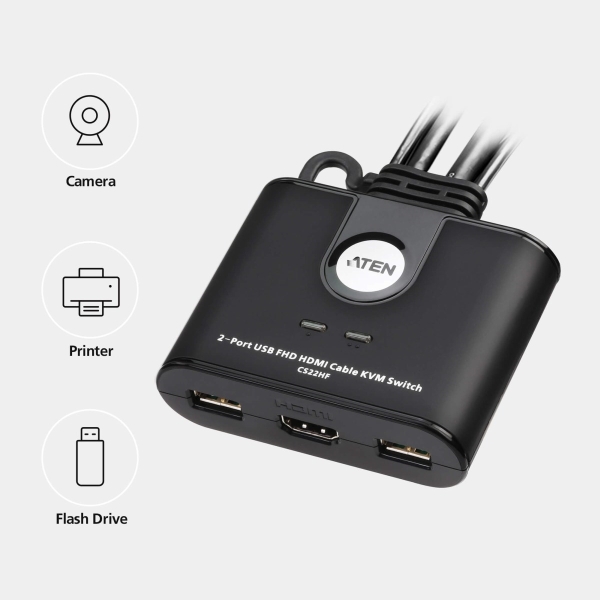 ATEN 2-port mini HDMI KVM USB, integrované kabely, tlačítko pro přepínání
