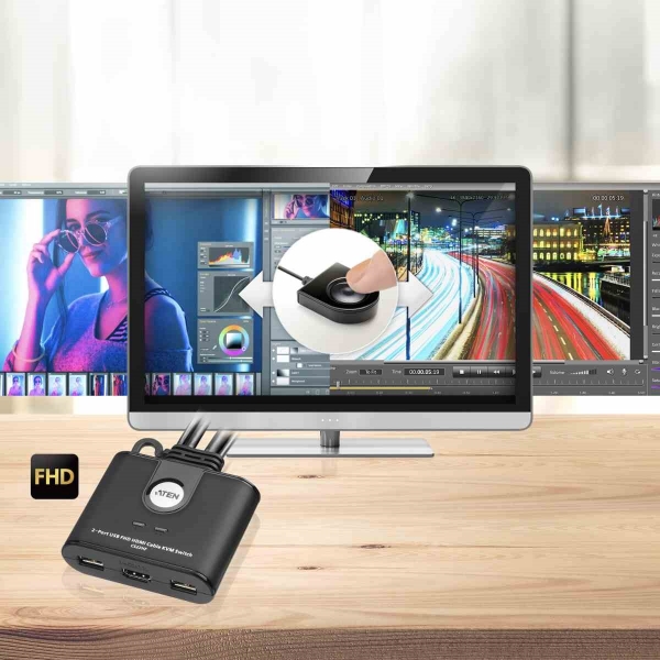 ATEN 2-port mini HDMI KVM USB, integrované kabely, tlačítko pro přepínání