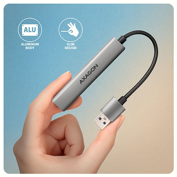 AXAGON HUE-STA, 4x USB ALU STRIP hub, 1x USB-A 5Gbps, 2x USB-A & 1x USB-C 480Mbps, kabel USB-A 12cm