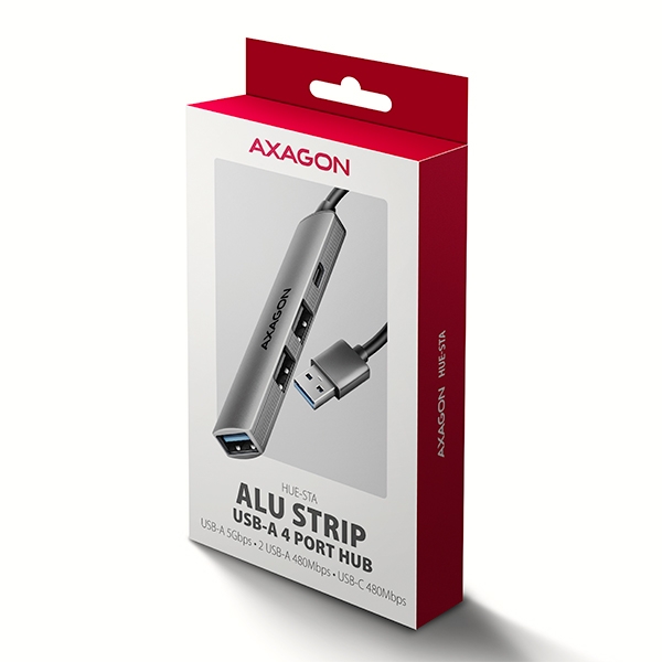 AXAGON HUE-STA, 4x USB ALU STRIP hub, 1x USB-A 5Gbps, 2x USB-A & 1x USB-C 480Mbps, kabel USB-A 12cm