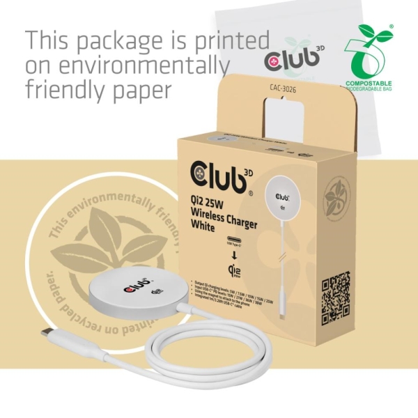 Club3D Bezdrátová nabíječka, 1x Qi2 25W, MagSafe, Qi certifikováno, bílá