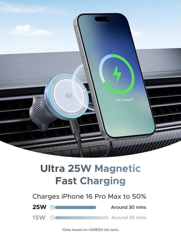 UGREEN magnetická bezdrátová nabíječka do auta MagFlow Qi2 25W, MagSafe, stříbrná