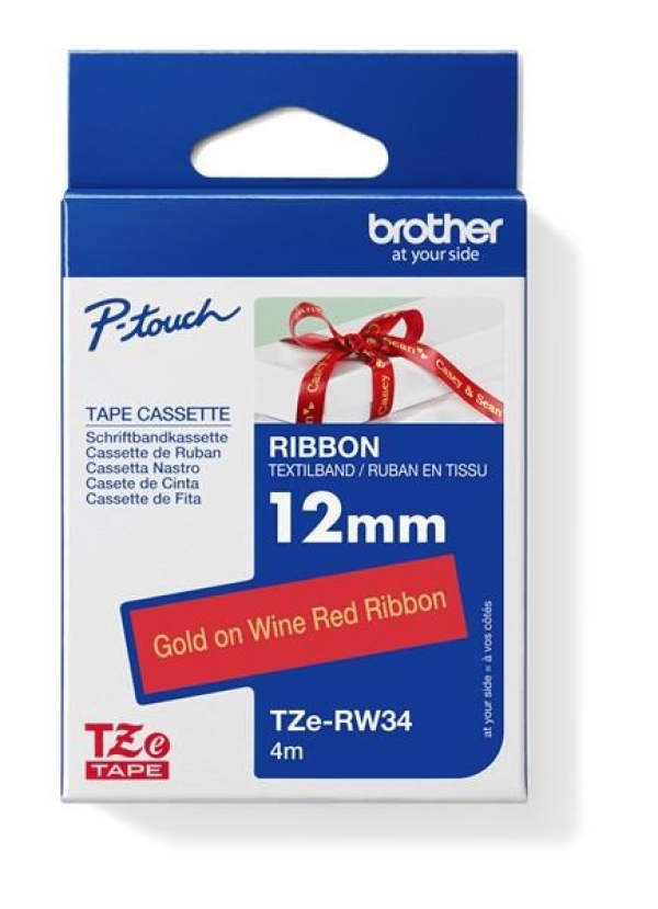 Brother originální páska do tiskárny štítků, Brother, TZE-RW34, zlatý tisk/červený podklad, 4m, 12mm, pruhovaná