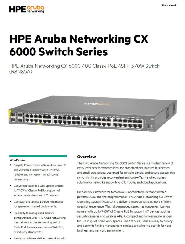 HPE Aruba Networking CX 6000 48G Class4 PoE