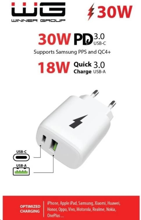 WG - Síťová nabíječka 2x USB, 1x USB-C PD PPS 3.0 30W + 1x USB-A QC4 18W, white