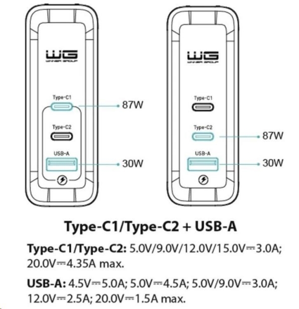 WG - Síťová nabíječka GaN 3x USB 120W, 1x USB-A + 2x USB-C, bílá