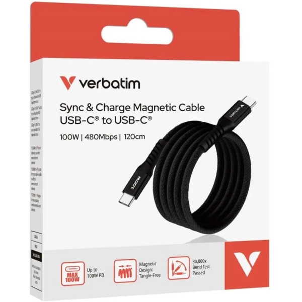 Verbatim USB kabel USB C samec - USB C samec, 100W, 1.2m, magnetický, černý, box, 31863
