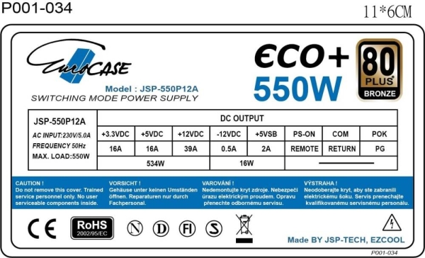 EUROCASE zdroj 550W Eco+, 120mm, 80+ Bronze, ATX