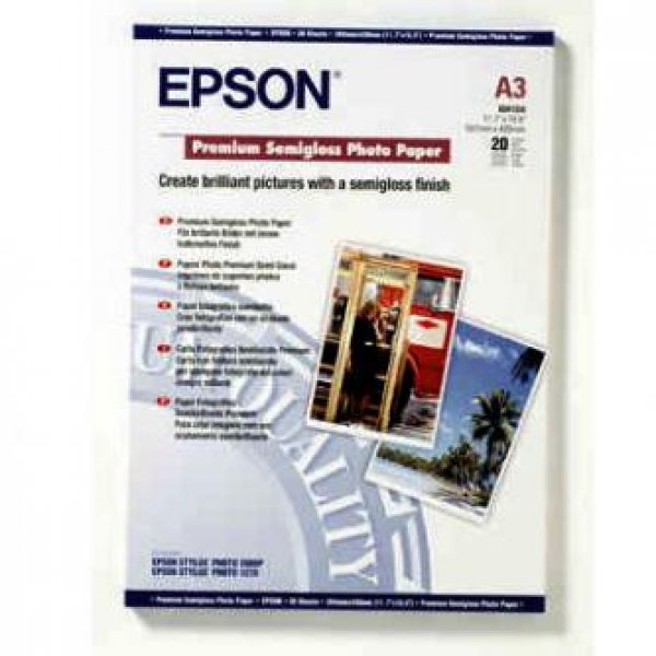 Epson Premium Semigloss Photo Paper, foto papír, pololesklý, bílý, Stylus Photo 1290, 2100, A3, 251 g/m2, 20 ks, C13S041334, inkoust