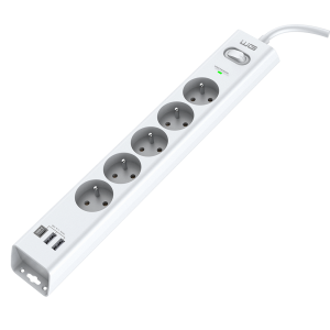 WG - Přepěťová ochrana 5 slotů + 2x USB-A + 1x USB-C, kabel 1,5 metru, bílá