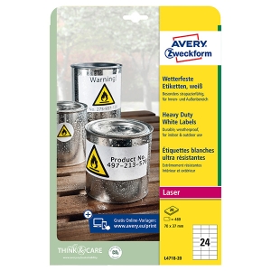 Avery Zweckform etikety 70mm x 37mm, A4, matné, bílé, 24 etiket, velmi odolné, baleno po 20 ks, L4718-20, pro laserové tiskárny a 