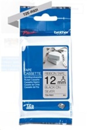 BROTHER TZE-R931 - kazeta TZ šířky 12mm, TEXTILNÍ páska 4m- pro tvorbu dárků - NELEPÍCÍ - STŘÍBRNÁ PÁSKA, ČERNÝ POTISK