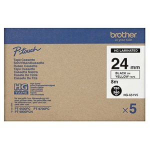 Brother HGE-651V5 - Černá na žluté - Role (2,4 cm x 8 m) 5 kazeta/y lamino páska - pro P-Touch PT-9500pc, PT-9700PC, PT-9800PCN; P-Touch R RL-700S