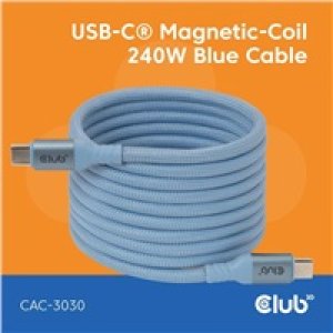 Club3D Kabel magnetický USB-C, 240W PD3.1, 480 Mbps, 2m, modrá