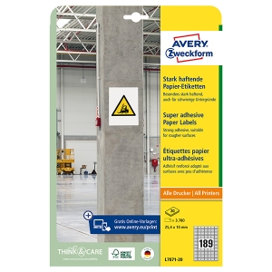 Avery Zweckform etikety 25.4mm x 10mm, A4, bílé, 189 etiket, s vysokou lepivostí, baleno po 20 ks, L7871-20, pro laserové a inkous